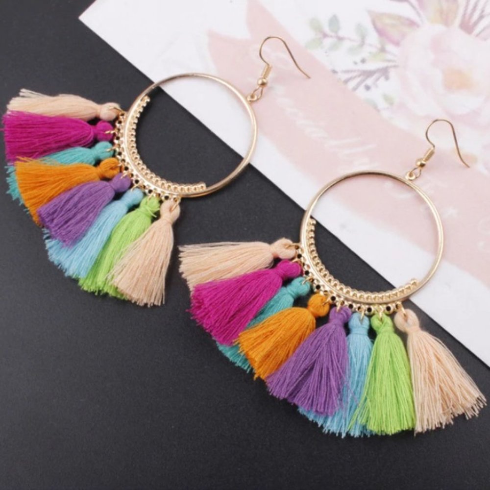 Rainbow colorful tassel/fringe gold hoop earrings